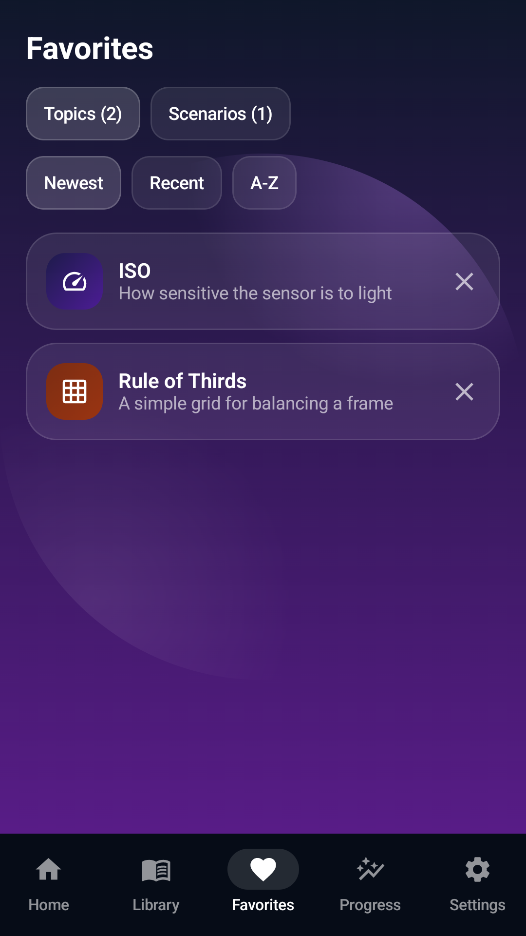 Light Lens Guide favorites screen