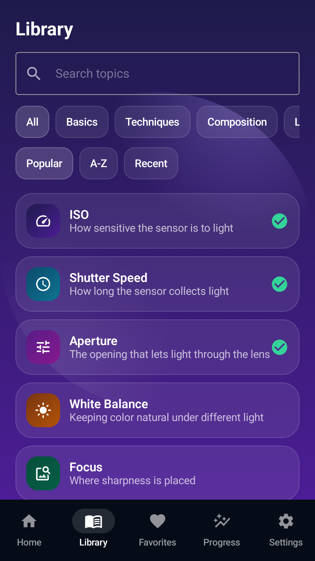 Light Lens Guide library screen